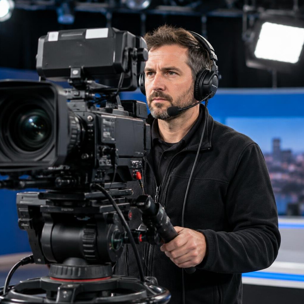 British camera operator standing behind a broadcast camera on set