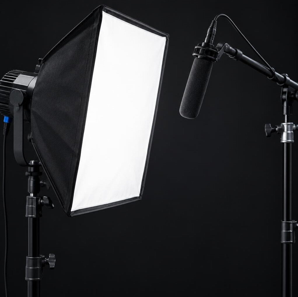 Professional softbox lighting and boom microphone in a studio