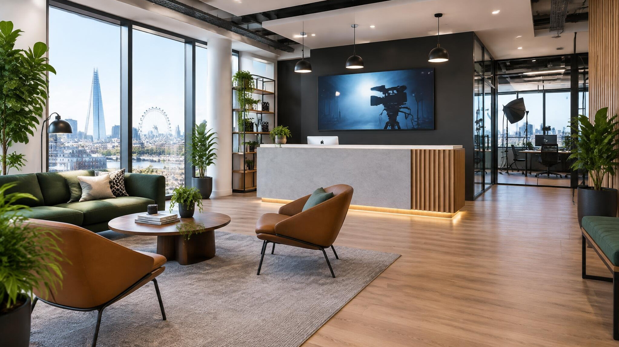 Bright modern media production office reception with lounge seating
