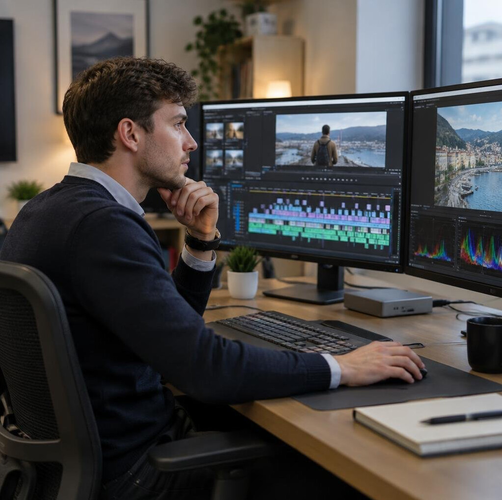 British video editor working at a multi-monitor editing desk