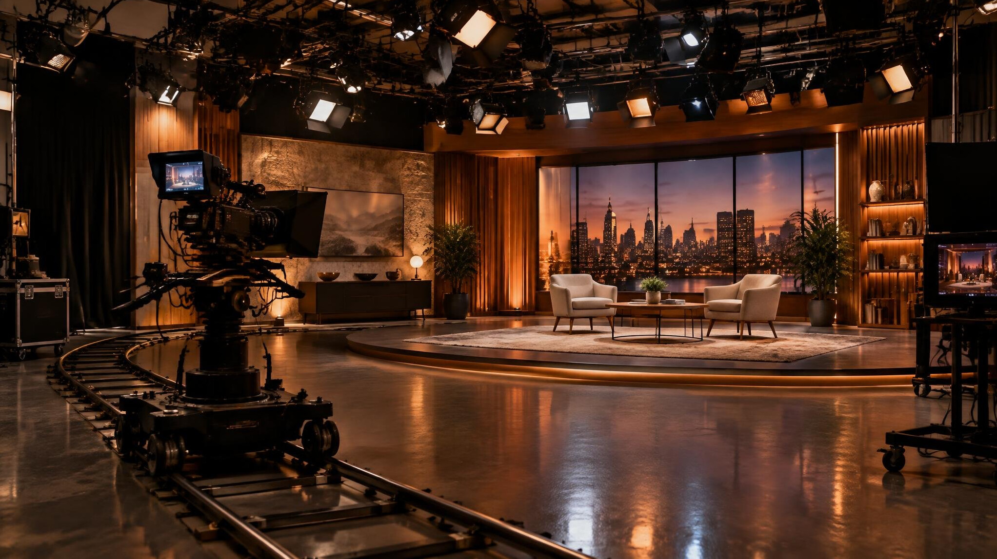 Professional television studio with lighting rig and camera equipment